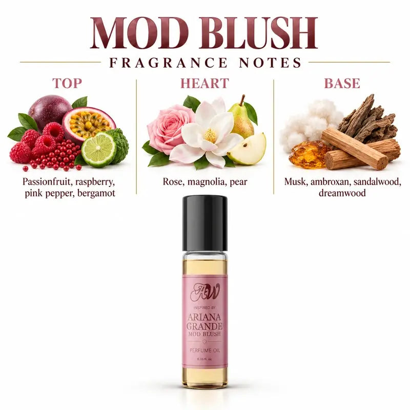 Ancient Wellness women’s alcohol-free perfume oil inspired by Ariana Grande: Mod Blush with fragrance notes and bottle