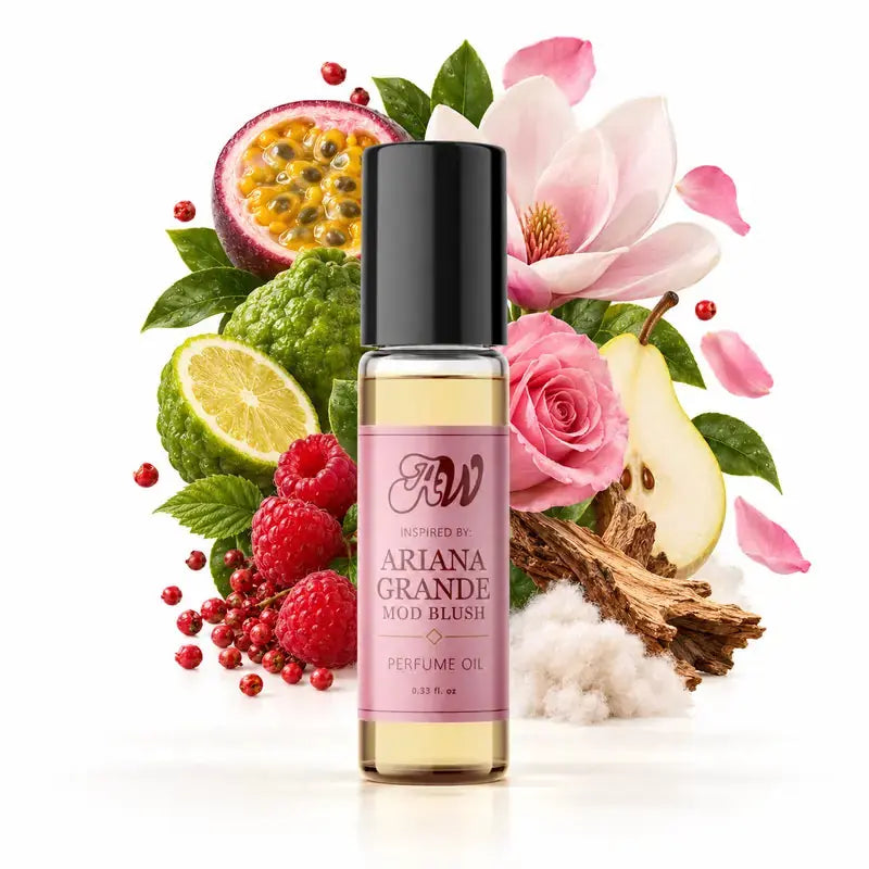 Ancient Wellness women’s alcohol-free perfume oil inspired by Ariana Grande: Mod Blush with fragrance notes and bottle