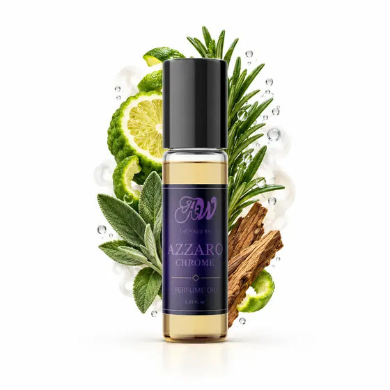 Ancient Wellness men’s alcohol-free perfume oil inspired by Azzaro: Chrome with fragrance notes and bottle