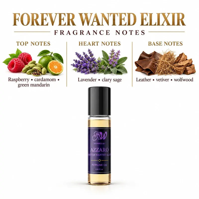 Ancient Wellness men’s alcohol-free perfume oil inspired by Azzaro: Forever Wanted Elixir with fragrance notes and bottle