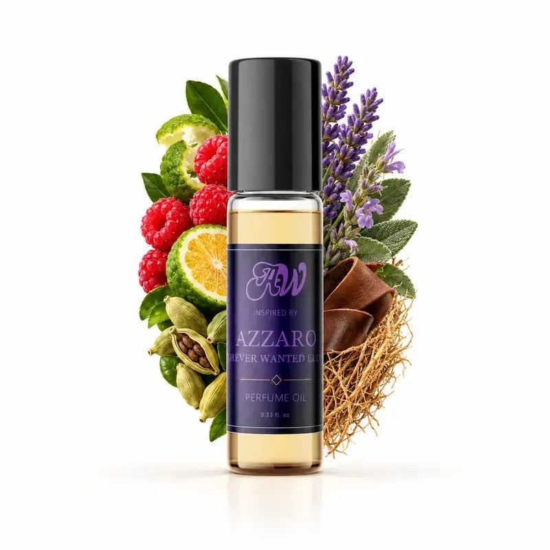 Ancient Wellness men’s alcohol-free perfume oil inspired by Azzaro: Forever Wanted Elixir with fragrance notes and bottle
