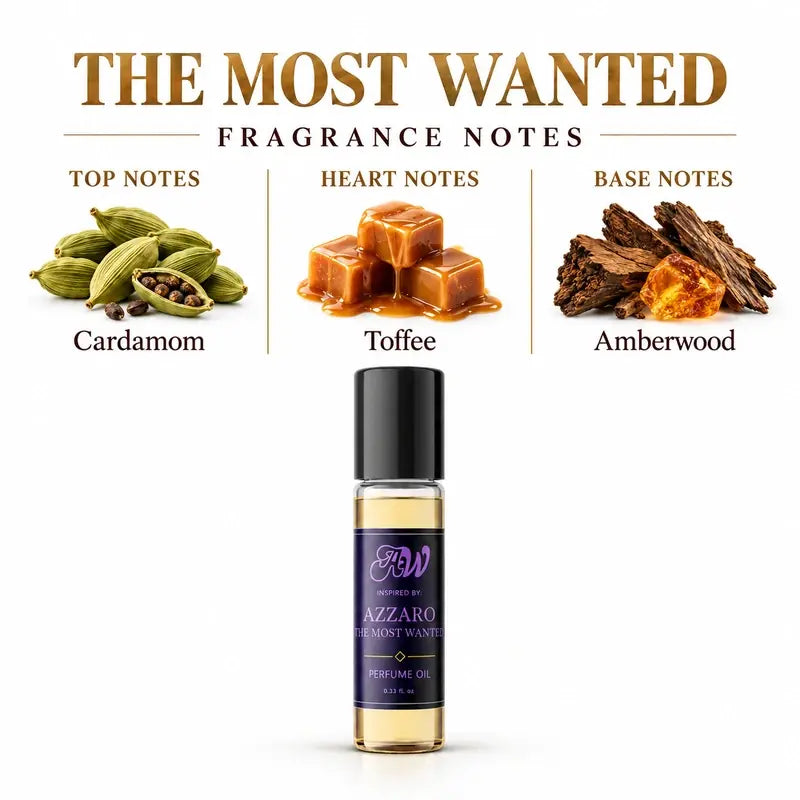 Ancient Wellness men’s alcohol-free perfume oil inspired by Azzaro: The Most Wanted with fragrance notes and bottle