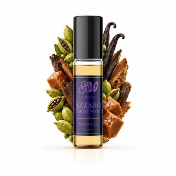 Ancient Wellness men’s alcohol-free perfume oil inspired by Azzaro: The Most Wanted with fragrance notes and bottle