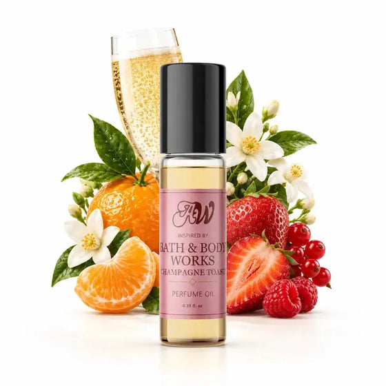 Ancient Wellness women’s alcohol-free perfume oil inspired by Bath & Body Works: Champagne Toast with fragrance notes and bottle