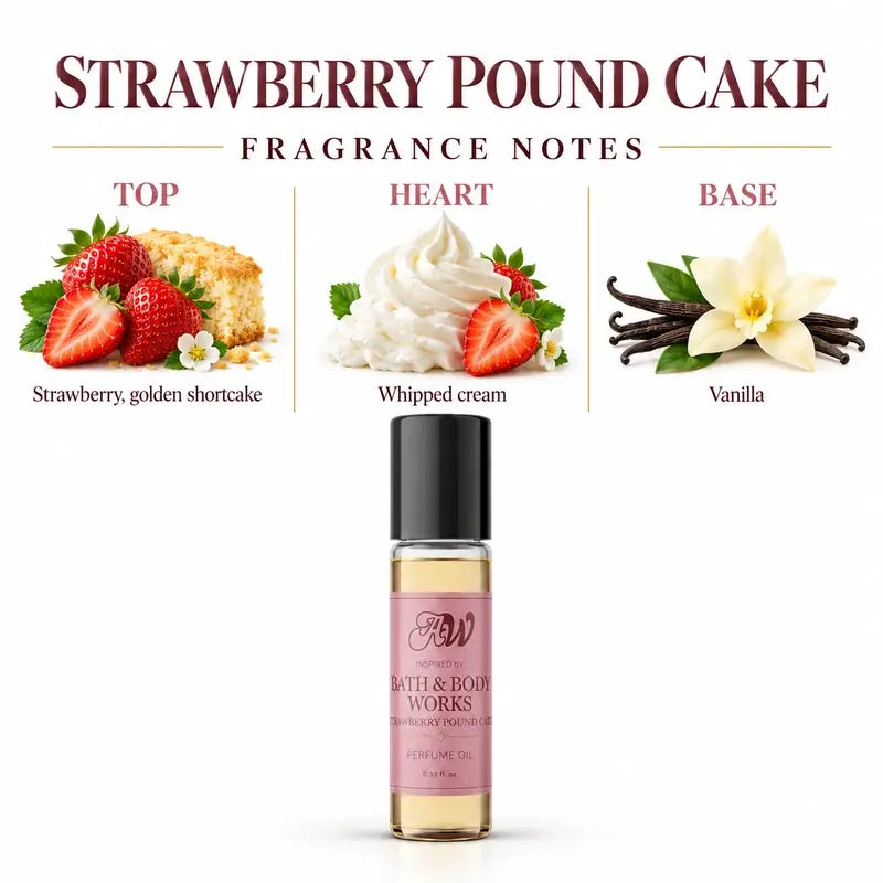 Ancient Wellness women’s alcohol-free perfume oil inspired by Bath & Body Works: Strawberry Pound Cake with fragrance notes and bottle