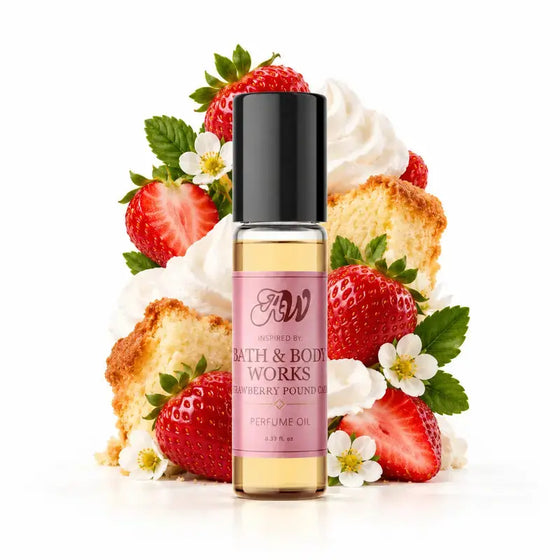 Ancient Wellness women’s alcohol-free perfume oil inspired by Bath & Body Works: Strawberry Pound Cake with fragrance notes and bottle