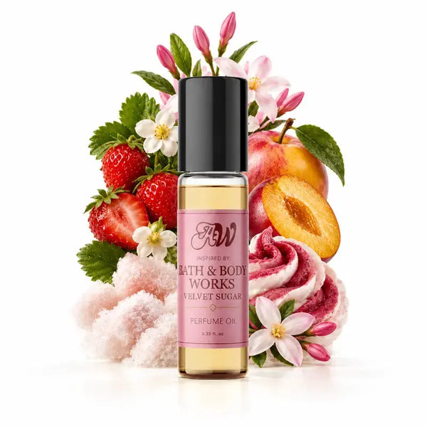 Ancient Wellness women’s alcohol-free perfume oil inspired by Bath & Body Works: Velvet Sugar with fragrance notes and bottle