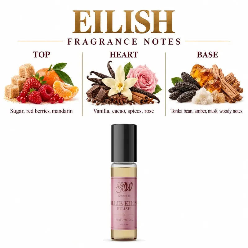 Ancient Wellness women’s alcohol-free perfume oil inspired by Billie Eilish: Eilish with fragrance notes and bottle