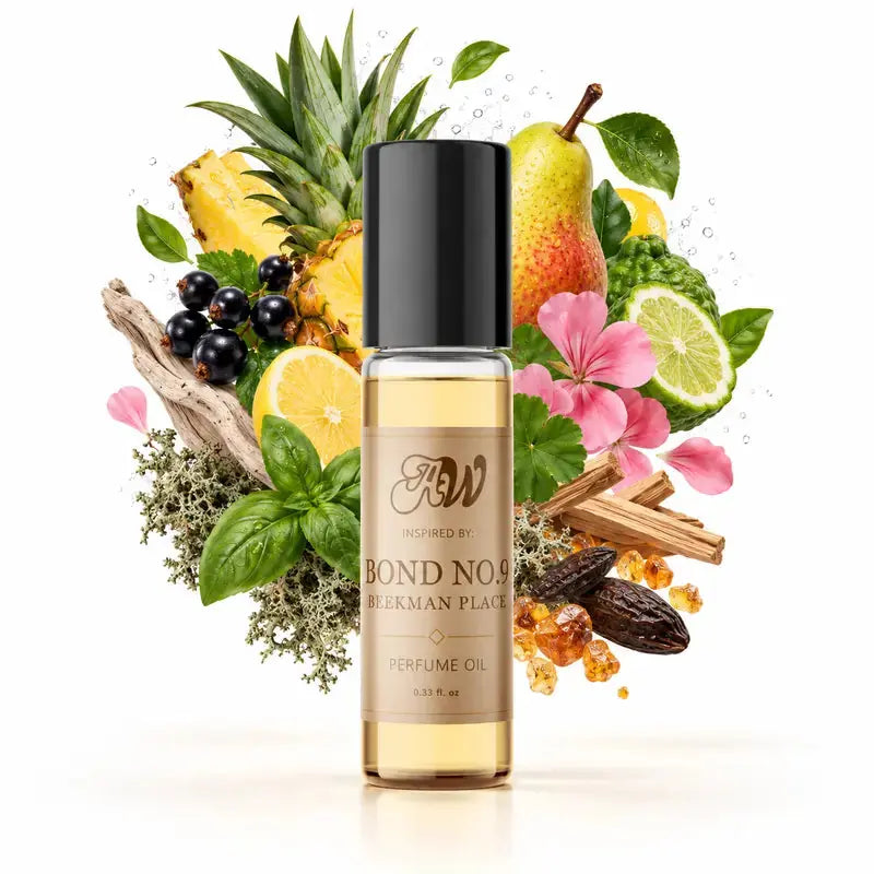 Ancient Wellness unisex alcohol-free perfume oil inspired by Bond No. 9: Beekman Place with fragrance notes and bottle