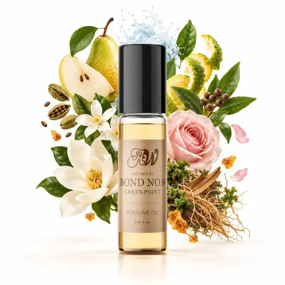 Ancient Wellness unisex alcohol-free perfume oil inspired by Bond No. 9: Greenpoint with fragrance notes and bottle