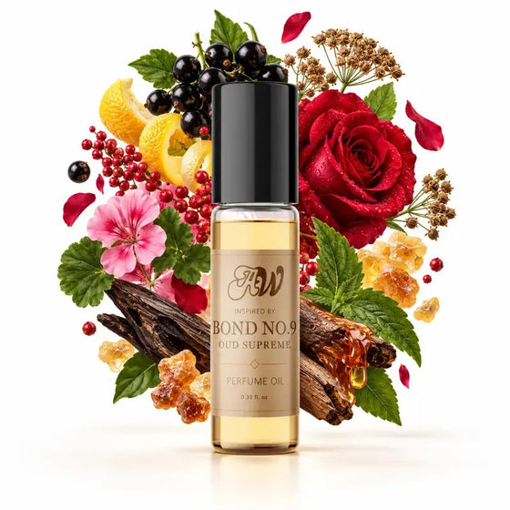 Ancient Wellness unisex alcohol-free perfume oil inspired by Bond No. 9: Oud Supreme with fragrance notes and bottle