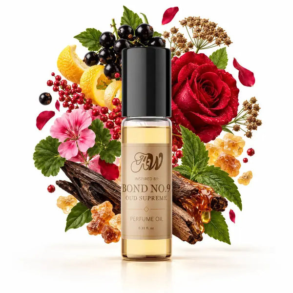 Ancient Wellness unisex alcohol-free perfume oil inspired by Bond No. 9: Oud Supreme with fragrance notes and bottle