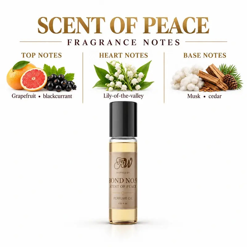 Ancient Wellness unisex alcohol-free perfume oil inspired by Bond No. 9: Scent Of Peace with fragrance notes and bottle