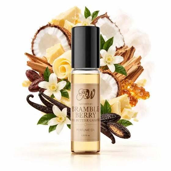 Ancient Wellness unisex alcohol-free perfume oil inspired by Bramble Berry: Cocoa Butter Cashmere with fragrance notes and bottle