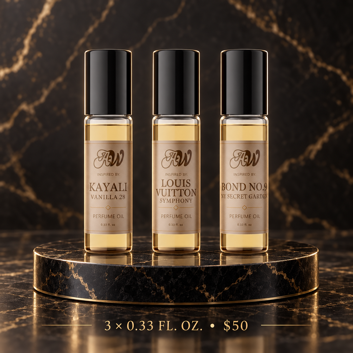 Ancient Wellness build your own 0.33 fl. oz. perfume oil bundle featuring Kayali Vanilla 28, Louis Vuitton Symphony, and Bond No. 9 New York Secret Gardens