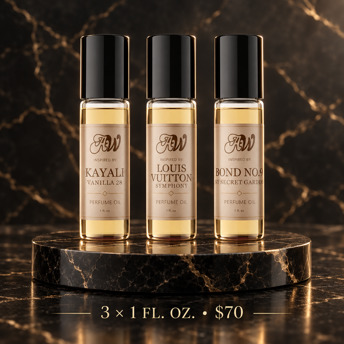 Ancient Wellness build your own 1 fl. oz. perfume oil bundle featuring Kayali Vanilla 28, Louis Vuitton Symphony, and Bond No. 9 New York Secret Gardens