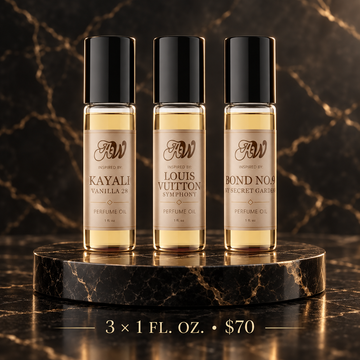 Ancient Wellness build your own 1 fl. oz. perfume oil bundle featuring Kayali Vanilla 28, Louis Vuitton Symphony, and Bond No. 9 New York Secret Gardens