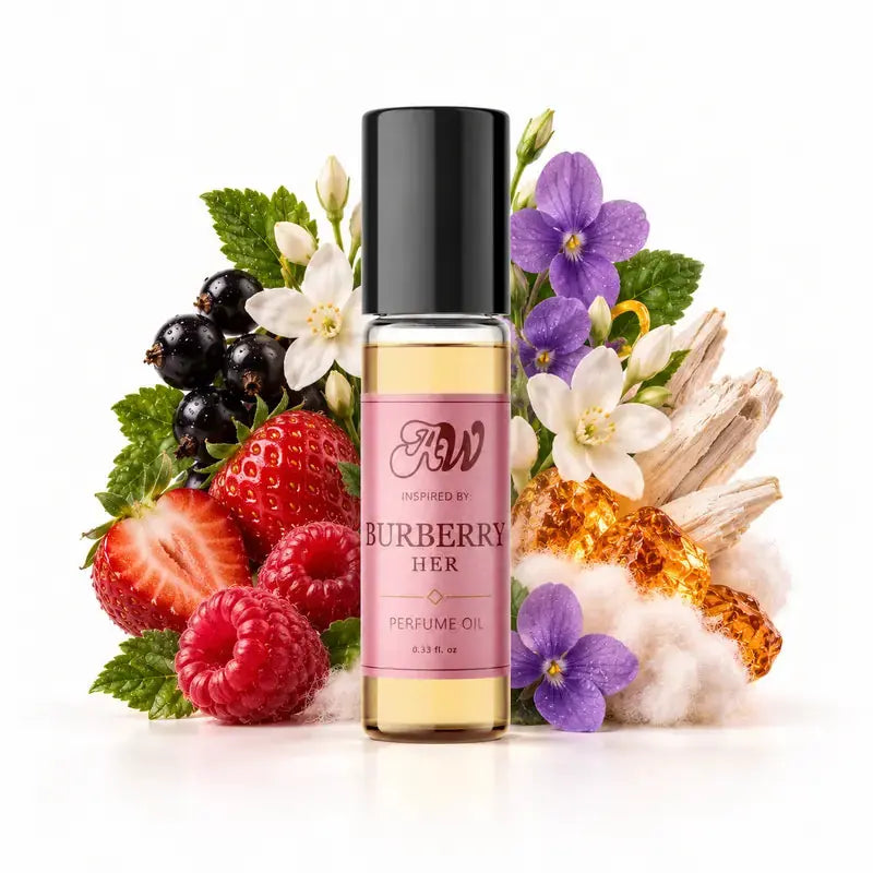 Ancient Wellness women’s alcohol-free perfume oil inspired by Burberry: Her with fragrance notes and bottle