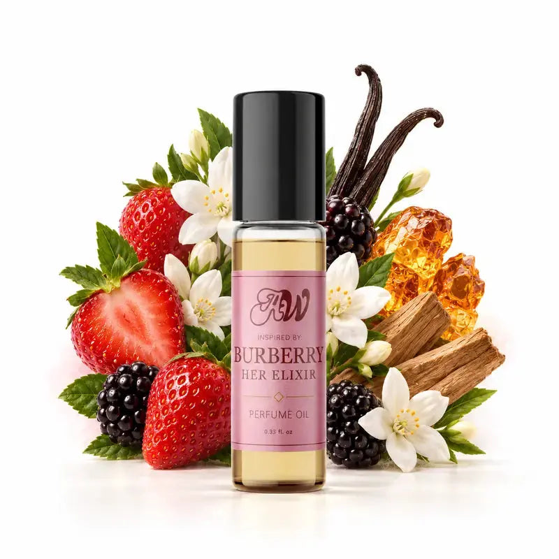 Ancient Wellness women’s alcohol-free perfume oil inspired by Burberry: Her Elixir with fragrance notes and bottle