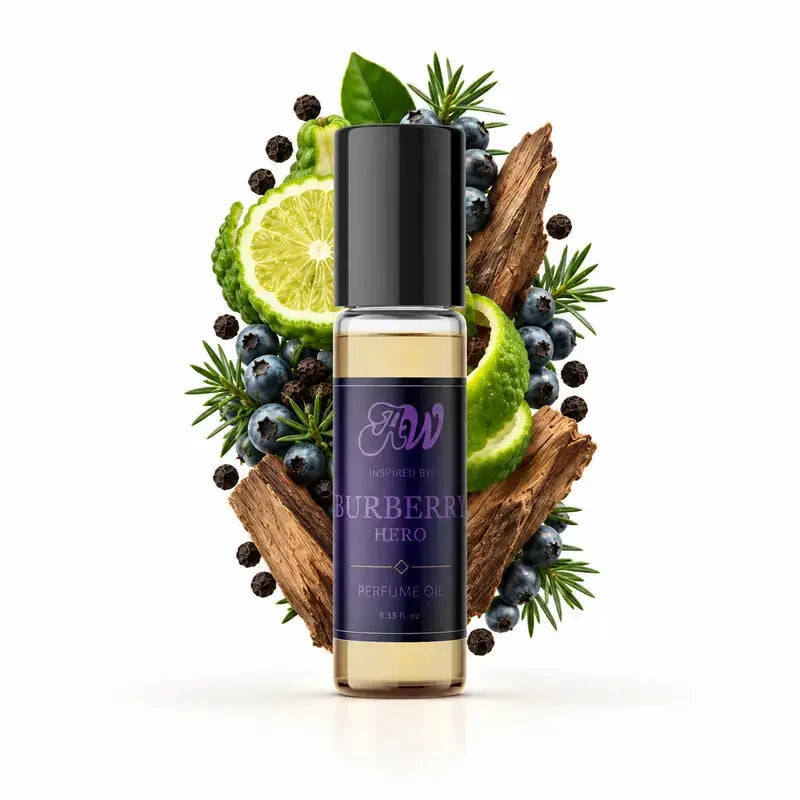 Ancient Wellness men’s alcohol-free perfume oil inspired by Burberry: Hero with fragrance notes and bottle