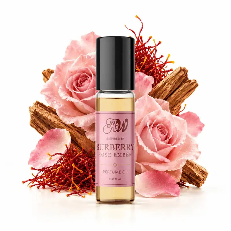 Ancient Wellness women’s alcohol-free perfume oil inspired by Burberry: Rose Ember with fragrance notes and bottle