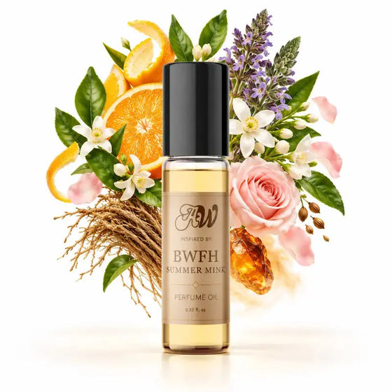 Ancient Wellness unisex alcohol-free perfume oil inspired by BWFH: Summer Mink with fragrance notes and bottle