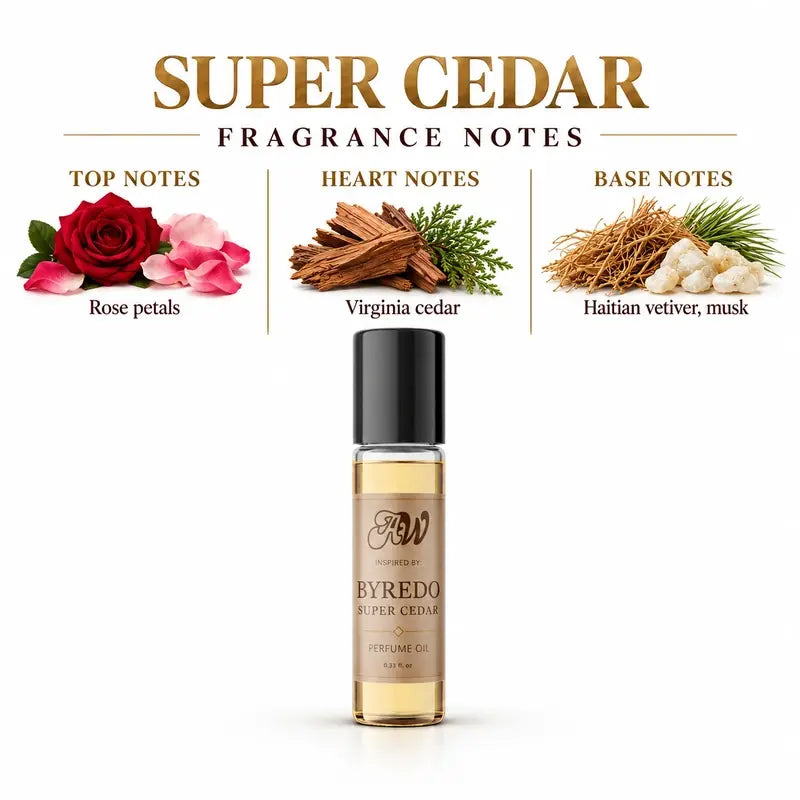 Ancient Wellness unisex alcohol-free perfume oil inspired by Byredo: Super Cedar with fragrance notes and bottle