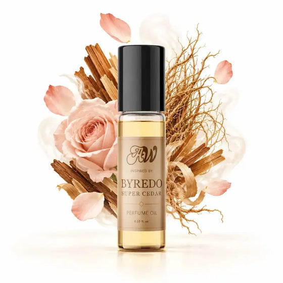 Ancient Wellness unisex alcohol-free perfume oil inspired by Byredo: Super Cedar with fragrance notes and bottle