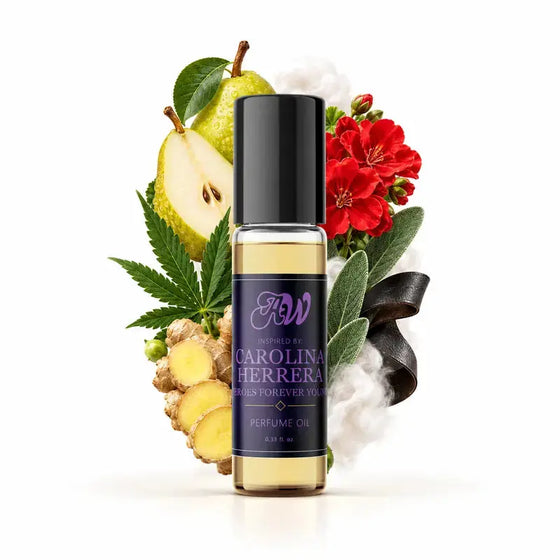 Ancient Wellness men’s alcohol-free perfume oil inspired by Carolina Herrera: 212 Heroes Forever Young with fragrance notes and bottle