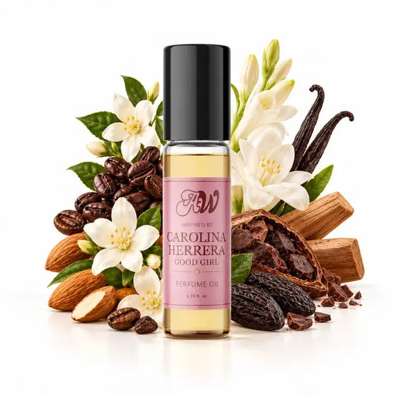 Ancient Wellness women’s alcohol-free perfume oil inspired by Carolina Herrera: Good Girl with fragrance notes and bottle