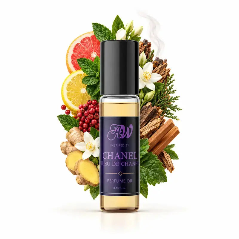 Ancient Wellness men’s alcohol-free perfume oil inspired by Chanel: Bleu De Chanel with fragrance notes and bottle