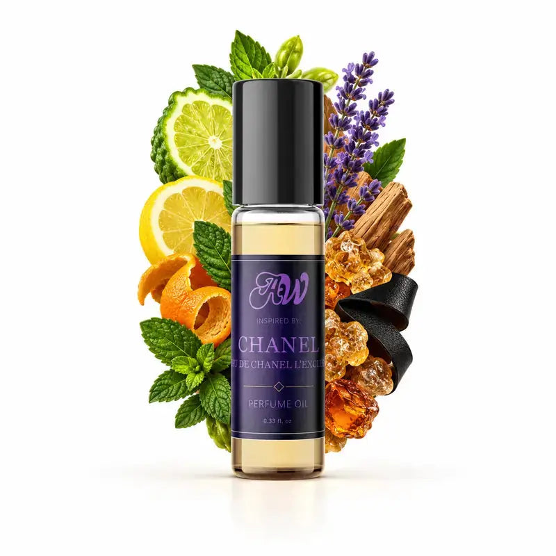 Ancient Wellness men’s alcohol-free perfume oil inspired by Chanel: Bleu De Chanel L'Exclusif with fragrance notes and bottle