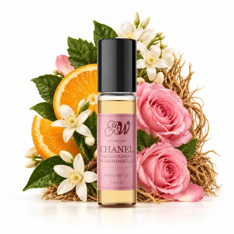 Ancient Wellness women’s alcohol-free perfume oil inspired by Chanel: Coco Chanel Mademoiselle with fragrance notes and bottle