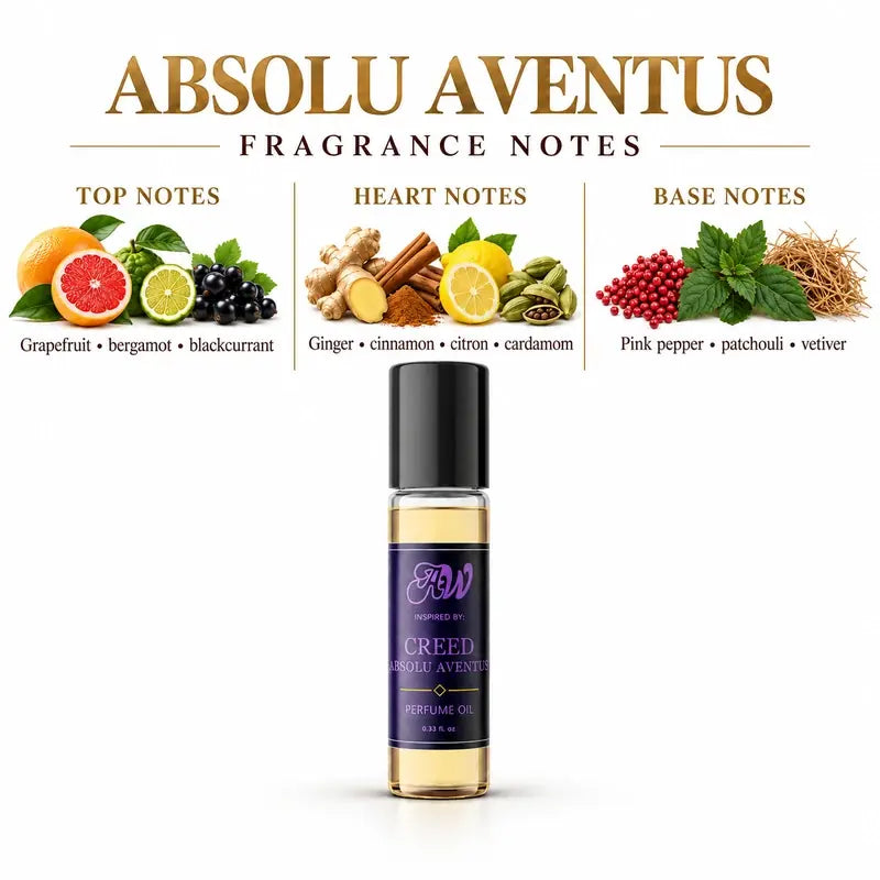 Ancient Wellness men’s alcohol-free perfume oil inspired by Creed: Absolu Aventus with fragrance notes and bottle