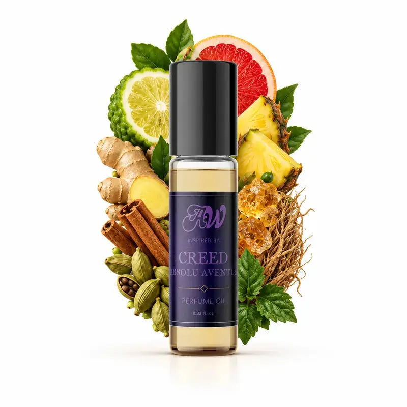 Ancient Wellness men’s alcohol-free perfume oil inspired by Creed: Absolu Aventus with fragrance notes and bottle