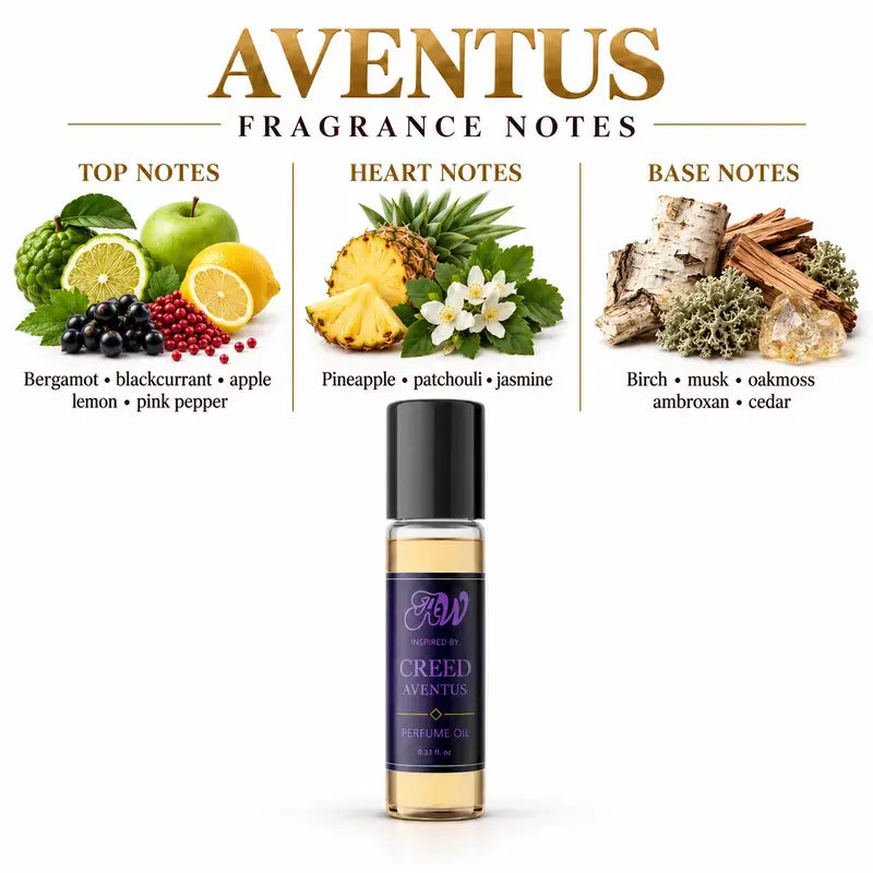 Ancient Wellness men’s alcohol-free perfume oil inspired by Creed: Aventus with fragrance notes and bottle