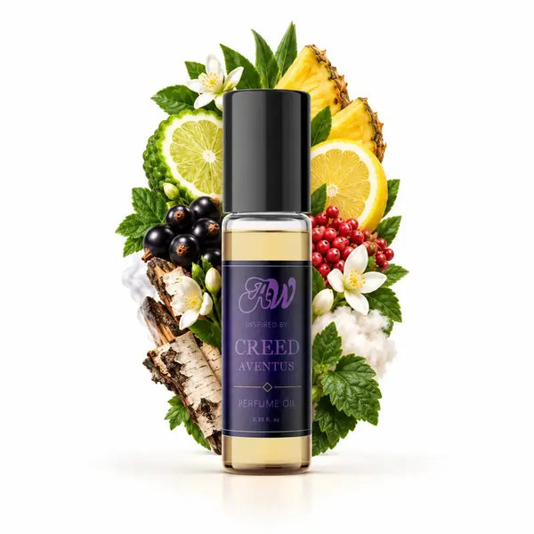 Ancient Wellness men’s alcohol-free perfume oil inspired by Creed: Aventus with fragrance notes and bottle