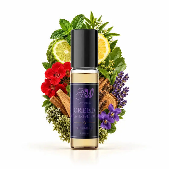 Ancient Wellness men’s alcohol-free perfume oil inspired by Creed: Green Irish Tweed with fragrance notes and bottle