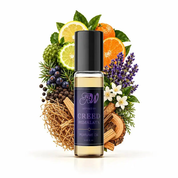 Ancient Wellness men’s alcohol-free perfume oil inspired by Creed: Himalaya with fragrance notes and bottle