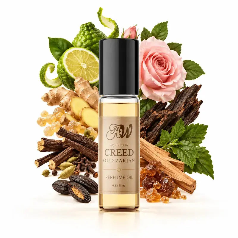 Ancient Wellness unisex alcohol-free perfume oil inspired by Creed: Oud Zarian with fragrance notes and bottle