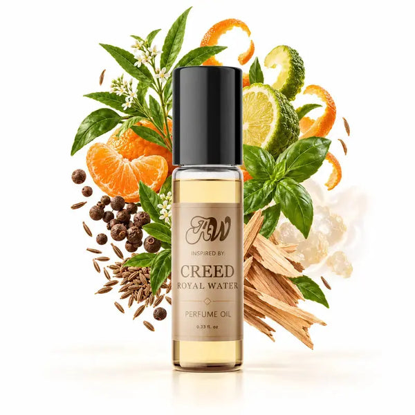 Ancient Wellness unisex alcohol-free perfume oil inspired by Creed: Royal Water with fragrance notes and bottle