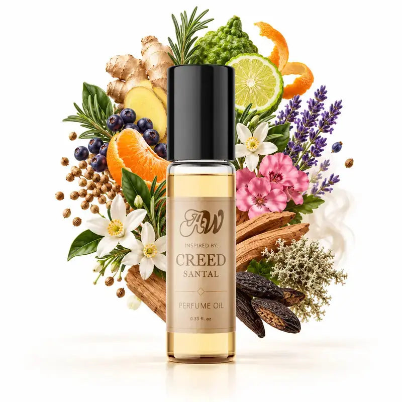 Ancient Wellness unisex alcohol-free perfume oil inspired by Creed: Santal with fragrance notes and bottle