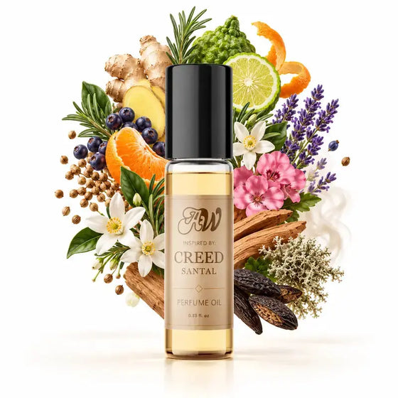 Ancient Wellness unisex alcohol-free perfume oil inspired by Creed: Santal with fragrance notes and bottle