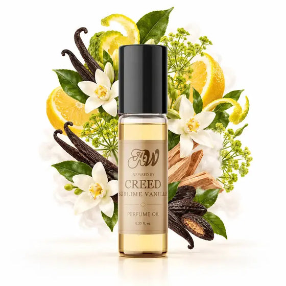 Ancient Wellness unisex alcohol-free perfume oil inspired by Creed: Sublime Vanille with fragrance notes and bottle