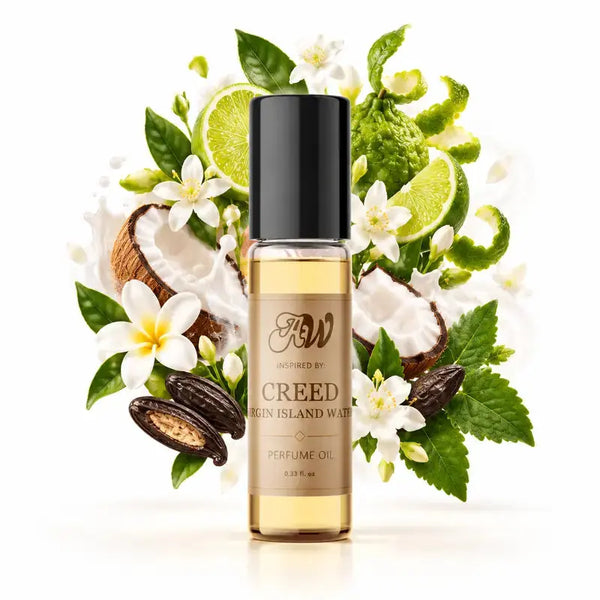 Ancient Wellness unisex alcohol-free perfume oil inspired by Creed: Virgin Island Water with fragrance notes and bottle
