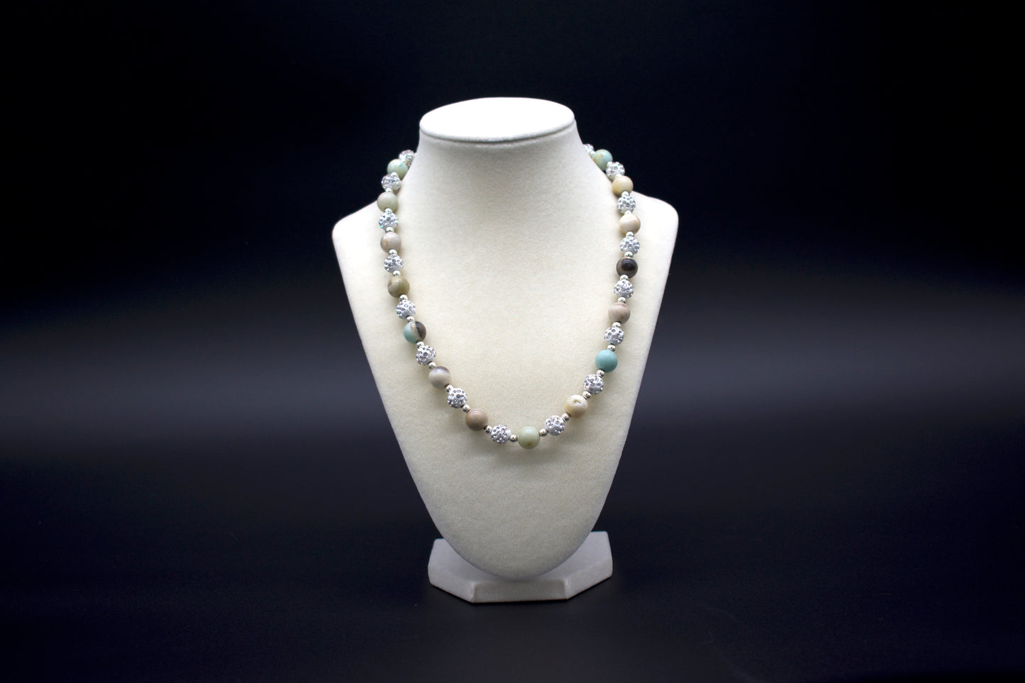 Custom beaded amazonite necklace from Ancient Wellness, handcrafted with genuine amazonite crystals, symbolizing hope, communication, and harmony, suitable for both men and women.