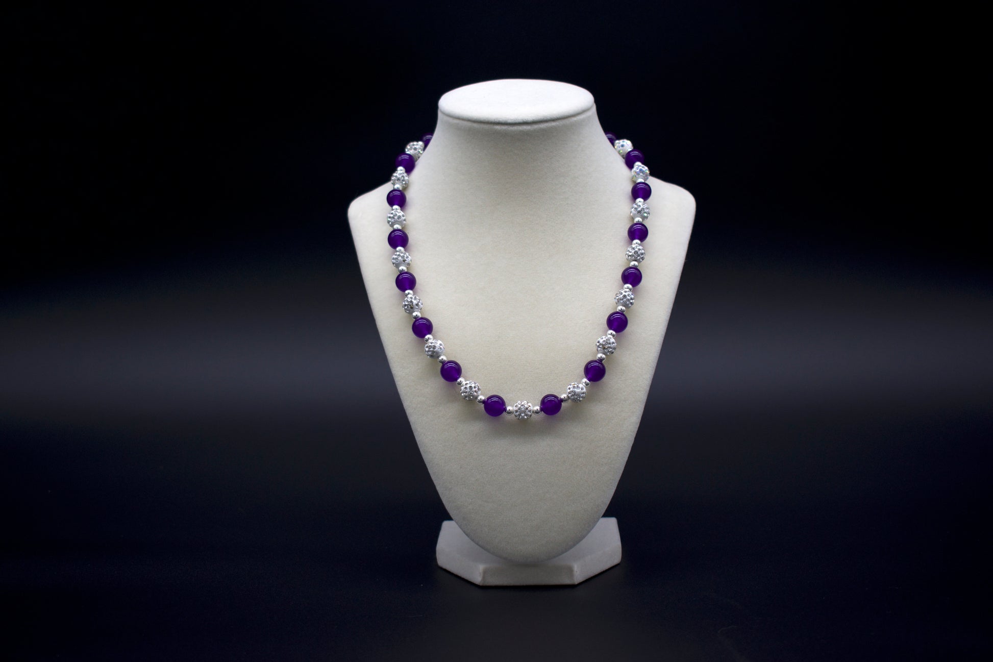 Custom beaded dark purple chalcedony necklace from Ancient Wellness, handcrafted with genuine dark purple chalcedony crystals, symbolizing inner peace, emotional healing, and spiritual growth, suitable for both men and women.