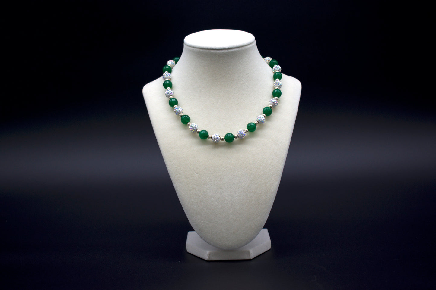 Custom beaded green chalcedony necklace from Ancient Wellness, handcrafted with genuine green chalcedony crystals, symbolizing harmony, healing, and emotional balance, suitable for both men and women.