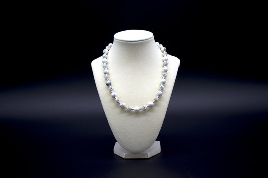 Custom beaded howlite necklace from Ancient Wellness, handcrafted with genuine howlite crystals, symbolizing calm, patience, and emotional healing, suitable for both men and women.