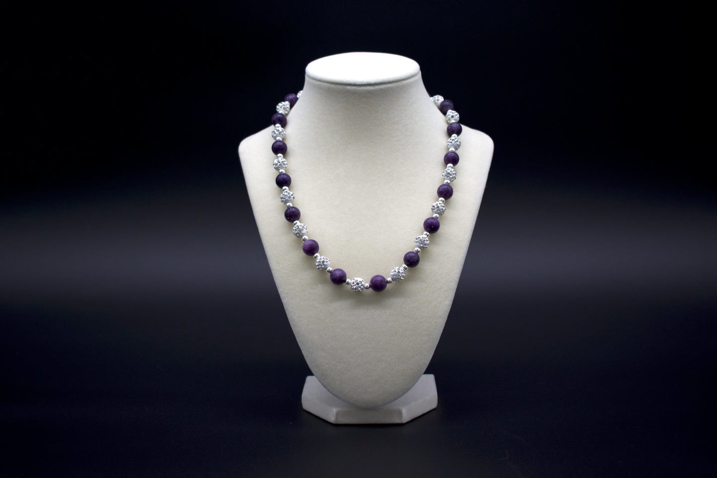 Custom beaded lepidolite necklace from Ancient Wellness, handcrafted with genuine lepidolite crystals, symbolizing emotional healing, stress relief, and spiritual balance, suitable for both men and women.